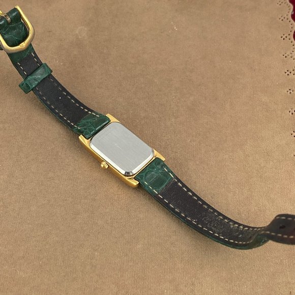 Vintage Gold Movado Esquire Small Swiss Tank Watch Green Strap - Picture 6 of 6